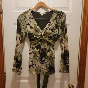 Dress Barn Y2K Floral Tie Waist V-neck Blouse, Size Medium